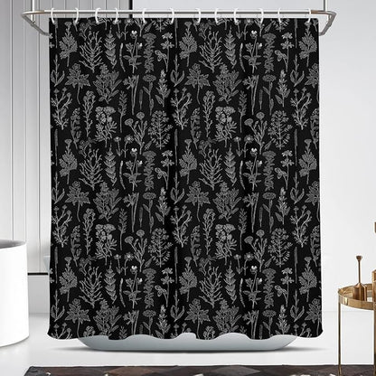 Coxila Vintage Floral Shower Curtain Black and White Retro Flower Dark Gray Grey Botanical Plant Boho Country Rustic Gothic Goth Moody Cute Antique Bathroom 60 x 72 Inch Polyester Fabric 12 Pack Hooks