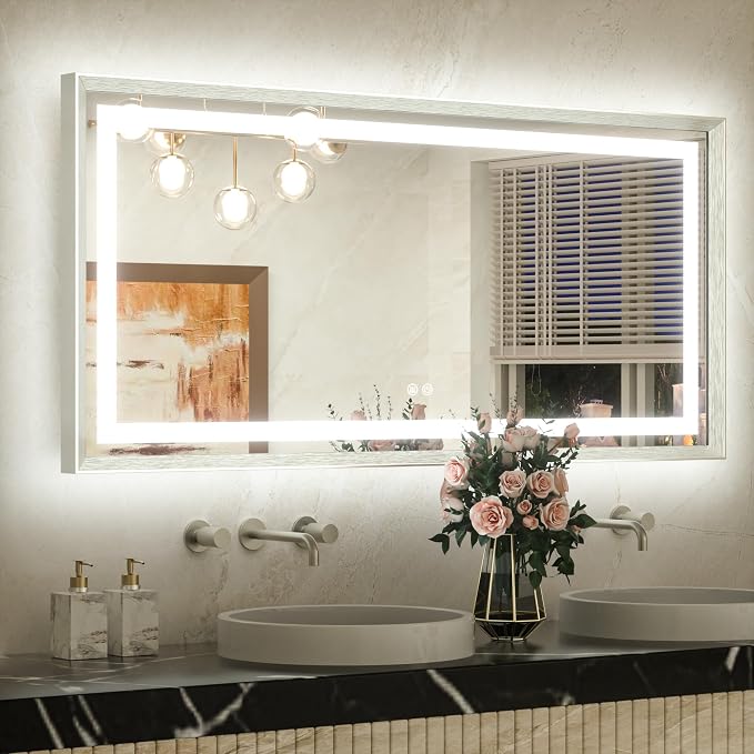 48 x 24 Bathroom LED Mirror Brushed Nickel Metal Frame Frontlit & Backlit Vanity Mirror Stepless Dimmable Anti-Fog 3 Colors White/Warm/Natural Light up Vanity Mirror Wall-Mounted