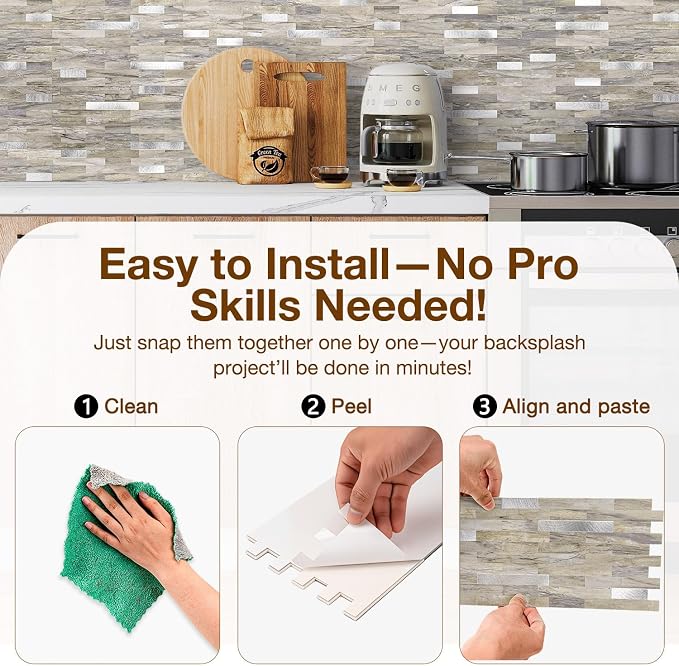 Peel and Stick Backsplash Tile Waterproof Removable PVC Wall Sticker 3D Faux Stone Marble Brick White Accent Panels (Gray - Yellow Stone - Metal Silver, 20 Tiles - 9 sq. ft. (0.84 M²))