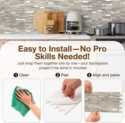 Peel and Stick Backsplash Tile Waterproof Removable PVC Wall Sticker 3D Faux Stone Marble Brick White Accent Panels (Gray - Yellow Stone - Metal Silver, 20 Tiles - 9 sq. ft. (0.84 M²))