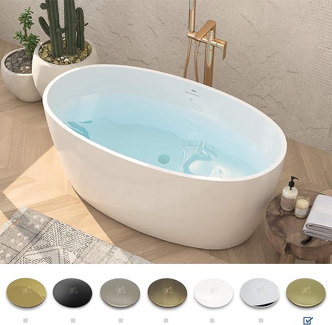 FerdY Tahiti 55" Acrylic Freestanding Bathtub, Elegant Oval Shape Soaking Bathtub, Glossy White, Brushed Gold Drain & Integrated Slotted Overflow Assembly Included cUPC Certified