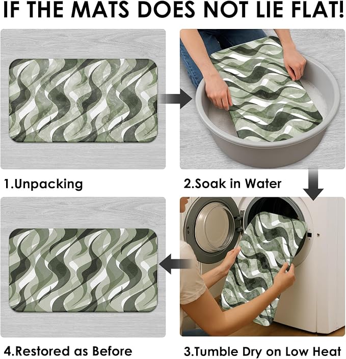 Bathroom Sets with Shower Curtain and Rugs, 4 Pcs, Green Geometric | Abstract Ombre Modern Bathroom Decor Set with Toilet Lid Cover, Non-Slip Bath Mats and Accessories 12 Hooks