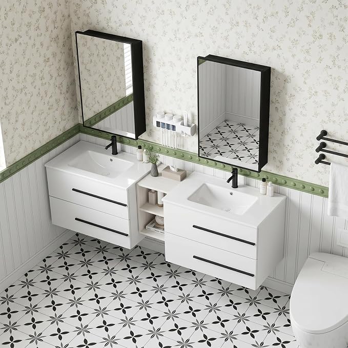 72 Inch Floating Double Sink Bathroom Vanity, Modern Bathroom Vanity with Double Sink, Wall Mounted Bathroom Vanity Cabinet with Large Storage Drawers,Open Storage Shelf, White