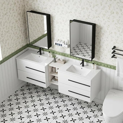 72 Inch Floating Double Sink Bathroom Vanity, Modern Bathroom Vanity with Double Sink, Wall Mounted Bathroom Vanity Cabinet with Large Storage Drawers,Open Storage Shelf, White