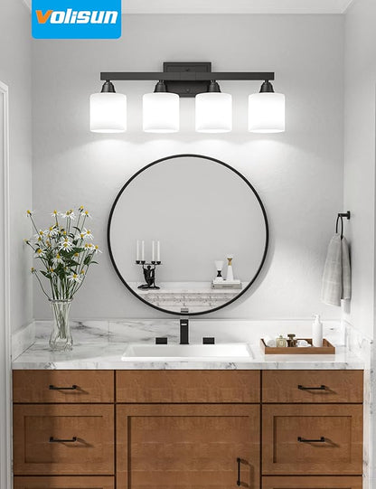 VOLISUN Matte Black Bathroom Light Fixtures, 4-Light Bathroom Vanity Lights Over Mirror, Modern Vanity Light for Bathrooms, Bathrooms Lights Fixtures Over Mirror with Milky White Frosted Glass Shades