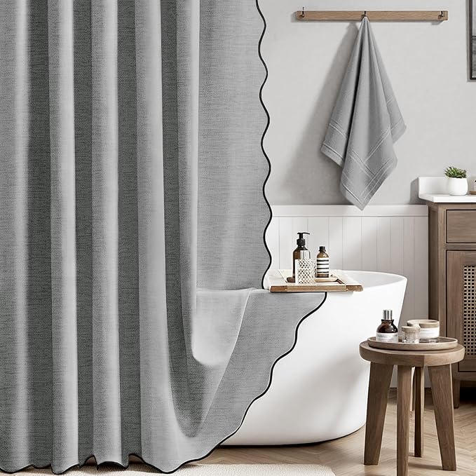 BTTN 72x96 Boho Shower Curtain, Extra Long Scalloped Linen Textured Heavy Duty Cloth Shower Curtain Set with Hooks, Tall Neutral Modern Luxury Waterproof Fabric Shower Curtains for Bathroom, Gray/Gray