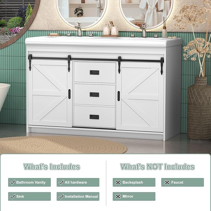 48 Inch Bathroom Vanity with Doulble Sink, Bathroom Vanity Cabinet with 2 Sinks, White Bath Vanities with 2 Sliding Doors (20" D x 48" W x 36" H)