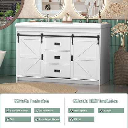 48 Inch Bathroom Vanity with Doulble Sink, Bathroom Vanity Cabinet with 2 Sinks, White Bath Vanities with 2 Sliding Doors (20" D x 48" W x 36" H)