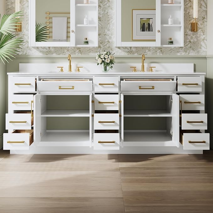 84-Inch Bathroom Vanity with Double Sinks W/ 4 Doors & 12 Drawers & 2 Flip Drawers, White Vanity W/Brushed Gold Handles