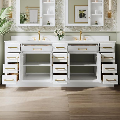 84-Inch Bathroom Vanity with Double Sinks W/ 4 Doors & 12 Drawers & 2 Flip Drawers, White Vanity W/Brushed Gold Handles