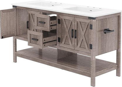 AMERLIFE 60” Farmhouse Bathroom Vanity with Double Sink, Freestanding Cabinet with 2 Drawers, 4 Barn Doors & Open Shelf, Rustic Storage for Master or Family Bathroom, Light Gray