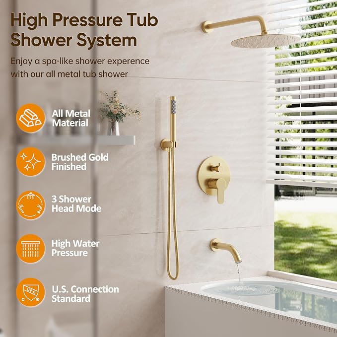 Brushed Gold Shower System with Tub Spout with 10" Rain Shower Head | All Metal Tub Shower Faucet Set with Shower Head and Handheld Spray combo, Wall Mounted Shower System with valve and Trim kit