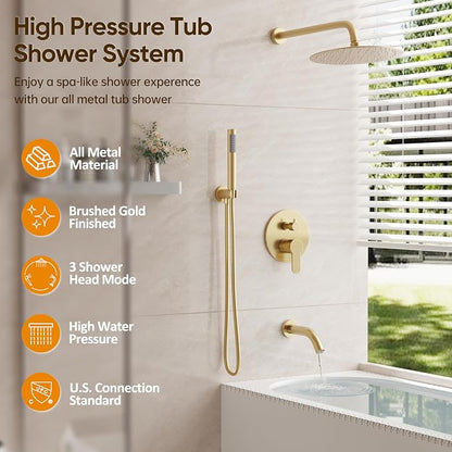 Brushed Gold Shower System with Tub Spout with 10" Rain Shower Head | All Metal Tub Shower Faucet Set with Shower Head and Handheld Spray combo, Wall Mounted Shower System with valve and Trim kit