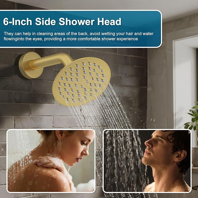 Shower System Shower Faucet Set Rainfall Shower Set with Valve 12+6" Dual Rain Shower Head with Handheld Ceiling Mount Wall Mount Shower Head Shower System, Brushed Gold