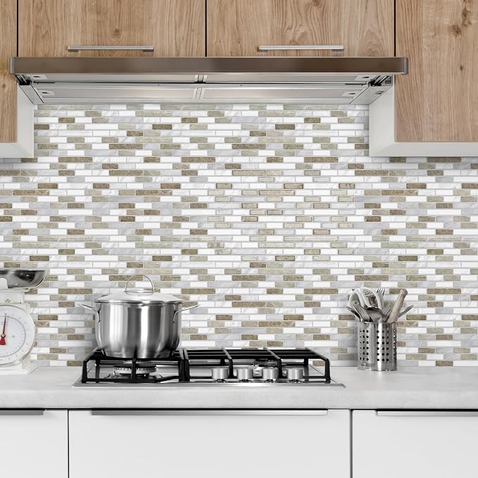 URCOLOR 10-Sheet Peel and Stick Backsplash Tile for Kitchen, 12”×12” Stick on Wall Tile for Bathroom, Beige & White