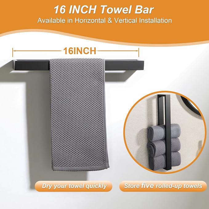 SAYAYO 7-Piece Bathroom Hardware Set Black, Includes 16 Inch Towel Bar | Towel Ring, Toilet Paper Holder & 4Pcs Coat Hooks Wall Mount, Towel Racks for Bathroom Accessories Set SUS304 Stainless Steel
