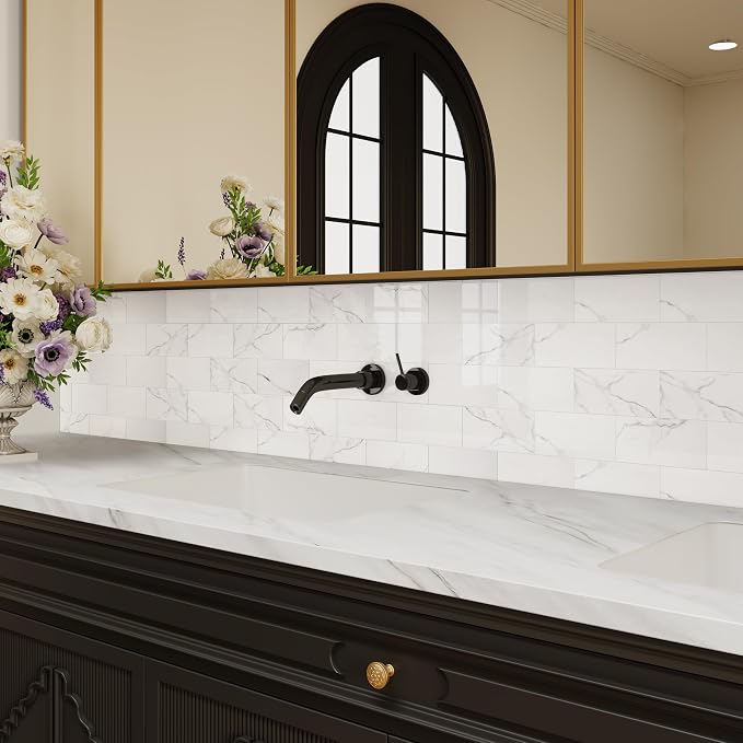 Luxury 10-Sheet Peel and Stick Backsplash,Self Adhesive Faux Stone 12”x12” White Subway Tile for Kitchen,Glossy Waterproof Carrara Brick Marble Look,Stick on Accent Wall for Bathroom,Bedroom