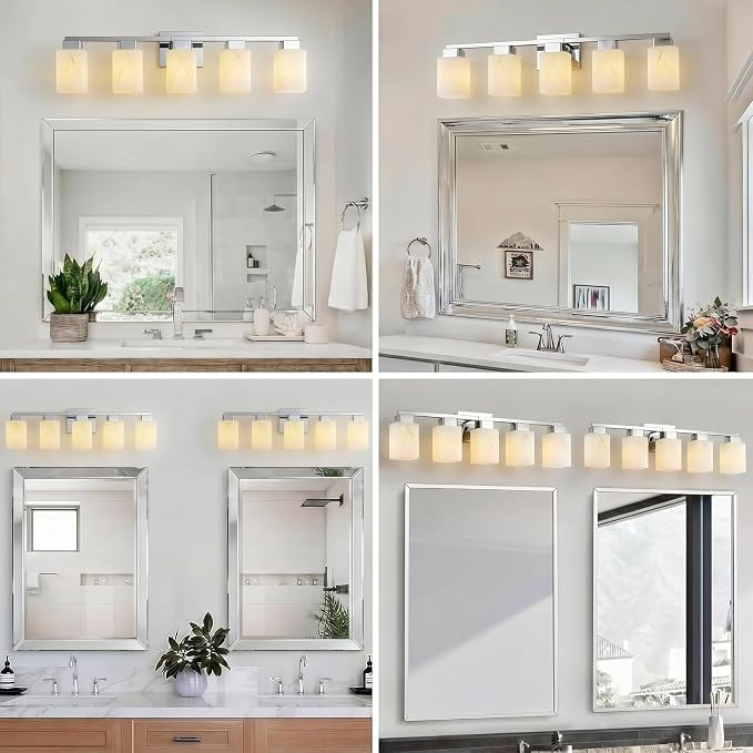 5-Light Square Bathroom Light Fixture, Chrome Modern Vanity Light with White Marble Glass Shade, for Bathroom Mirror, Living Room, Bedroom, Hallway, E26 Base