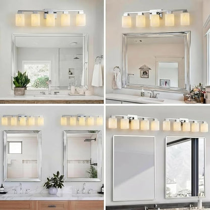 5-Light Square Bathroom Light Fixture, Chrome Modern Vanity Light with White Marble Glass Shade, for Bathroom Mirror, Living Room, Bedroom, Hallway, E26 Base