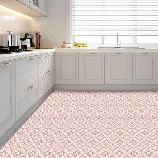 Pink Floral Geometric Peel and Stick Floor Tiles 12x12 Inch 10PCS | Pink and white floral geometric tile pattern vinyl floor stickers for kitchen bathroom entryway and indoor home decor