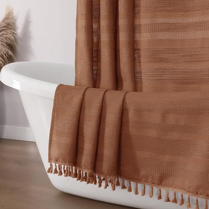 Terracotta Shower Curtain for Bathroom - Farmhouse Linen Textured Shower Curtain with Tassel, Rustic Striped Heavy Duty Vintage Country Bathroom Curtain, 72Wx72L Inches