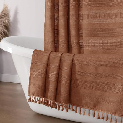 Terracotta Shower Curtain for Bathroom - Farmhouse Linen Textured Shower Curtain with Tassel, Rustic Striped Heavy Duty Vintage Country Bathroom Curtain, 72Wx72L Inches