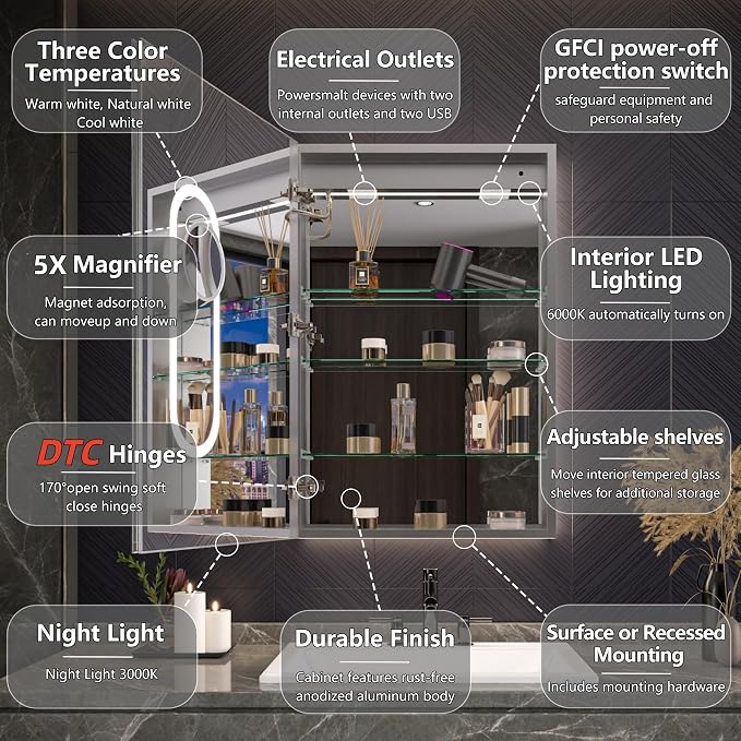 Smart LED Medicine Cabinet with Mirror, 24W×36H Inch Bathroom Storage Medicine Cabinet, 3 Color Stepless Dimming & Anti-Fog, 5X Magnifier, Night Light, DTC Soft-Close Left Hinges