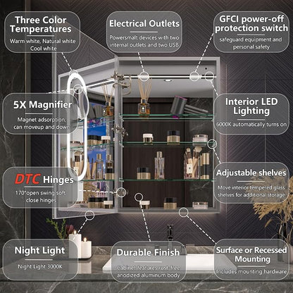 Smart LED Medicine Cabinet with Mirror, 24W×36H Inch Bathroom Storage Medicine Cabinet, 3 Color Stepless Dimming & Anti-Fog, 5X Magnifier, Night Light, DTC Soft-Close Left Hinges