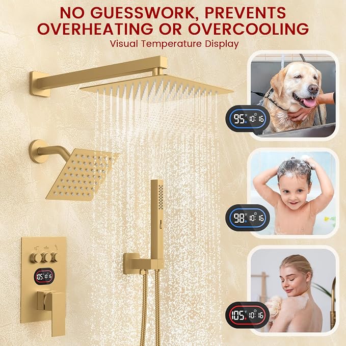 Longriver 3-Push Button Shower Faucet Set Hydro Power Temperature Display | Shower System Wall Mounted 10" & 6" Shower Head with 3-Spary Handheld, Shower Fixtures with Valve and Trim Kit, Brushed Gold