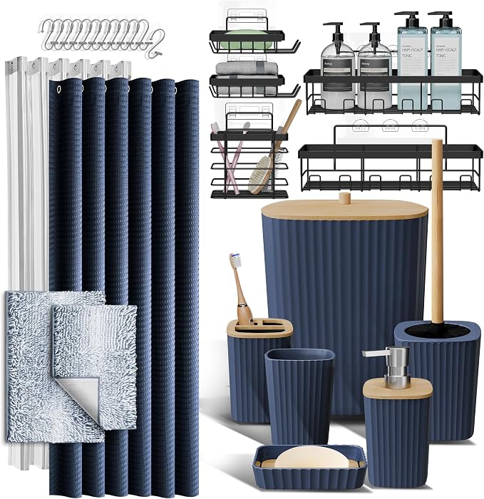 Clara Clark Bathroom Accessories Set - 27PC Bathroom Set with Adhesive Corner Shower Caddy Hanging, Bathroom Sets with Shower Curtain and Rugs, Ombre Navy Shower Curtain Set with Bathroom Trash Can | 27 Piece Ombre Navy Bathroom Sets with Shower Curtai...