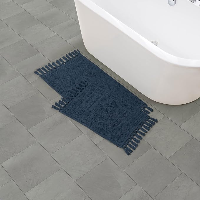 French Connection Nellore Bathroom Rugs, Set of 2 Woven and Beaded Bathroom Mats, Durable Bath Rugs, Thick Bath Mats for Bathroom and Shower Rugs, 17" x 28" and 20" x 38", Navy