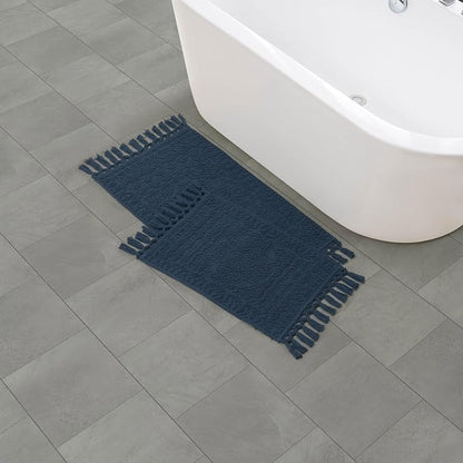 French Connection Nellore Bathroom Rugs, Set of 2 Woven and Beaded Bathroom Mats, Durable Bath Rugs, Thick Bath Mats for Bathroom and Shower Rugs, 17" x 28" and 20" x 38", Navy
