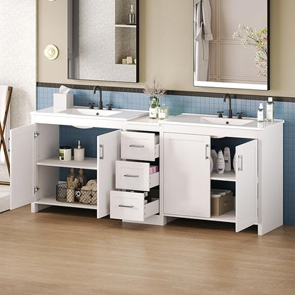 Merax 84 Inch Double Sink Bathroom Vanity with Quartz Countertop & Ceramic Basins, Bathroom Sink Vanity with Large Storage, Adjustable Shelves, 3 Drawers, Soft Close Hinges, Silver Handles, White