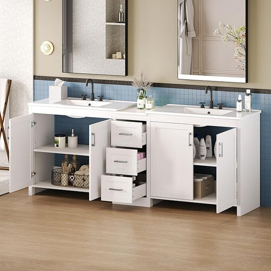 Merax 84 Inch Double Sink Bathroom Vanity with Quartz Countertop & Ceramic Basins, Bathroom Sink Vanity with Large Storage, Adjustable Shelves, 3 Drawers, Soft Close Hinges, Silver Handles, White