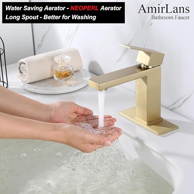 Brushed Gold Bathroom Faucets Single Hole, Single Handle Stainless Steel Faucet for Bathroom Sink with Pop Up Stopper, Gold Vanity Faucet AML-1141-BG