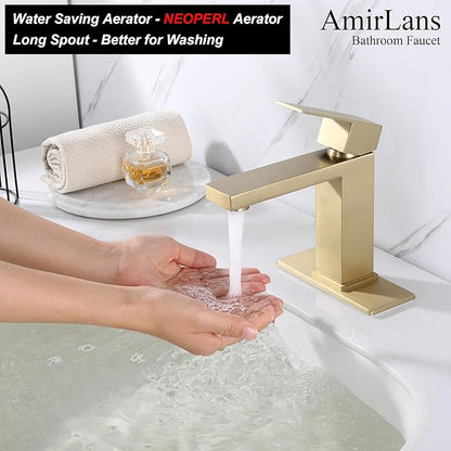 Brushed Gold Bathroom Faucets Single Hole, Single Handle Stainless Steel Faucet for Bathroom Sink with Pop Up Stopper, Gold Vanity Faucet AML-1141-BG