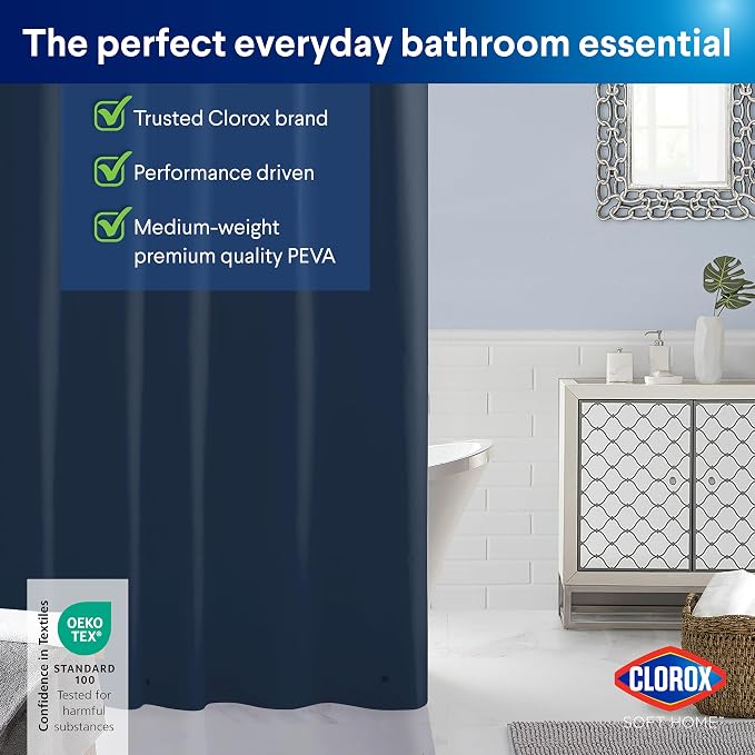 Clorox Shower Curtain Liner, Premium Colored Medium-Weight Durable Waterproof 6g PEVA for Bathroom with Weighted Magnets, Standard Size 72" x 72", Blue