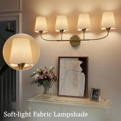 Morauroral Bathroom Light Fixtures Over Mirror, 4 Light Vanity Light for Bathroom, Gold Vanity Light Fixtures with Fabric Linen Shade, E26 Socket Sconce Wall Decor(ETL Listed)