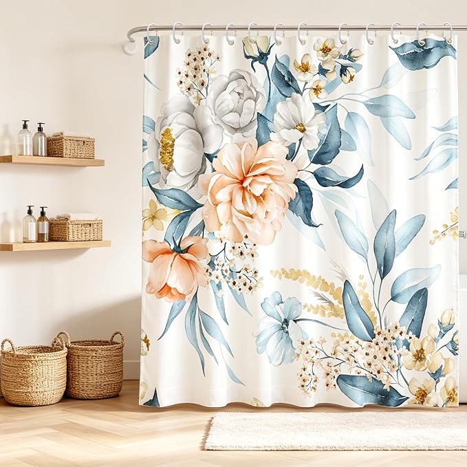 Floral Flower Fabric Shower Curtain with 12 Hooks, 120GSM, 72x72 | Printed Botanical Bathroom Curtain,Polyester Shower Curtain Water-resistant