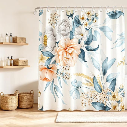 Floral Flower Fabric Shower Curtain with 12 Hooks, 120GSM, 72x72 | Printed Botanical Bathroom Curtain,Polyester Shower Curtain Water-resistant