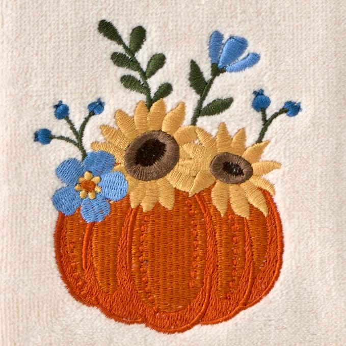 SKL Home Fall/Thanksgiving Pumpkin Bouquet Hand Towel Set-2pc, Natural | 100% Cotton. Soft, embroidered velour. For use in the bathroom, kitchen or bar & gifting.