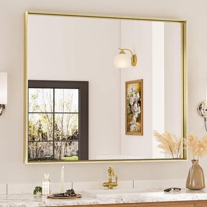 Keonjinn 42x36 Inch Gold Bathroom Mirror for Over Sink, Rectangular | HD Tempered Glass, Vanity Mirror, Brushed Framed, Square Corner, Modern Farmhouse, Wall Mounted Mirrors, Aluminum Alloy