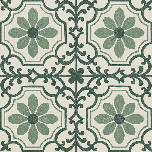 Green Vintage Floral Peel and Stick Floor Tiles 12x12 Inch 10PCS | Green and cream vintage floral scroll pattern vinyl floor stickers for kitchen bathroom entryway and indoor home decor