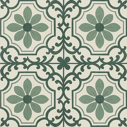 Green Vintage Floral Peel and Stick Floor Tiles 12x12 Inch 10PCS | Green and cream vintage floral scroll pattern vinyl floor stickers for kitchen bathroom entryway and indoor home decor
