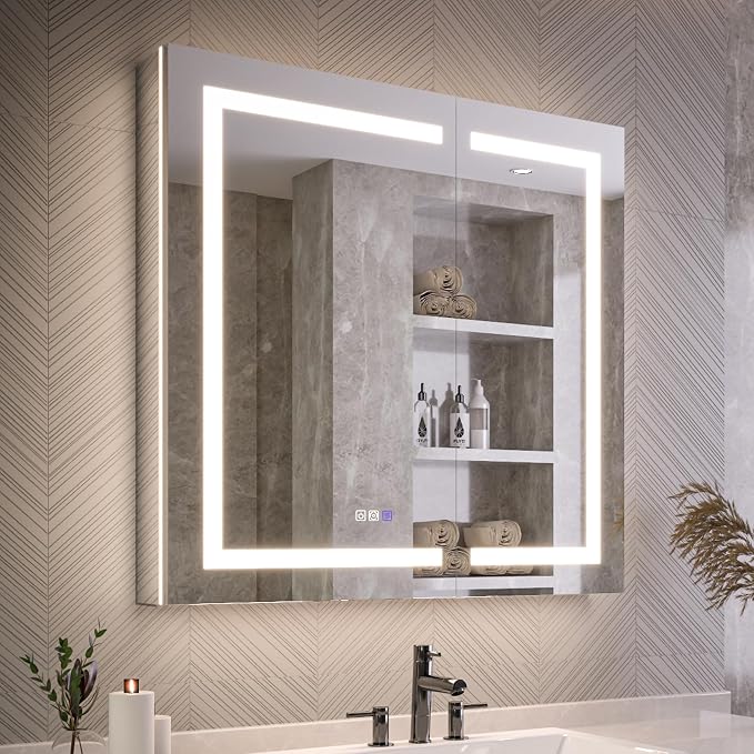 Recessed Medicine Cabinet with Lights, 36x36 Lighted Medicine Cabinet with Mirror, 5XMagnifier, GFCI Outlet, Soft-closed, Front&Backlit, Anti-Fog, Dimmable&Tunable, Sensor Lights, Adjustable Shelves