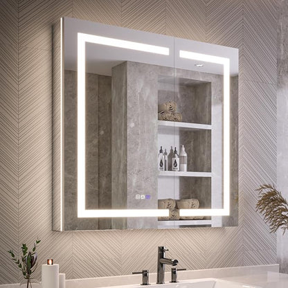 Recessed Medicine Cabinet with Lights, 36x36 Lighted Medicine Cabinet with Mirror, 5XMagnifier, GFCI Outlet, Soft-closed, Front&Backlit, Anti-Fog, Dimmable&Tunable, Sensor Lights, Adjustable Shelves