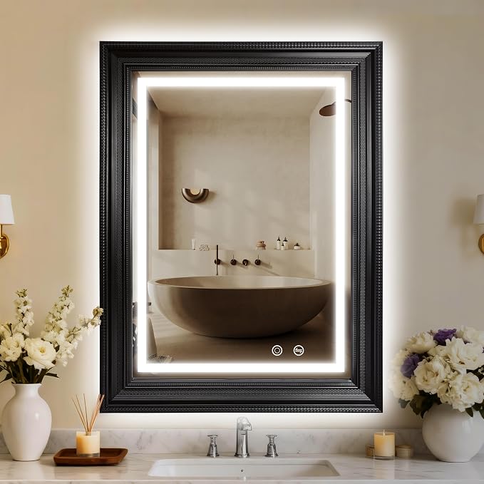 ROLOVE 24x35 Inch Antique Rectangle Wall Mirror with Lights, Ornate Waterproof Frame, Vintage Mirror for Over Sink with Anti-Fog, Plug-in/Hardwired, Shatterproof Glass, Baroque Mirror for Wall Decor