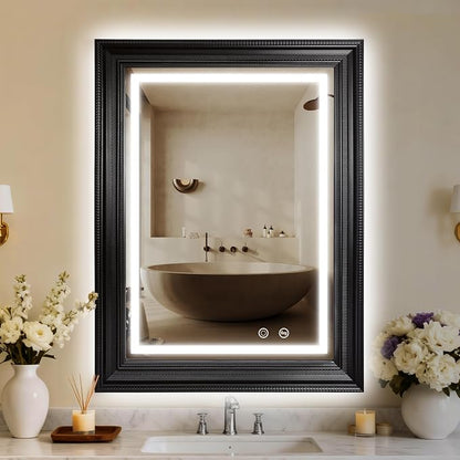 ROLOVE 24x35 Inch Antique Rectangle Wall Mirror with Lights, Ornate Waterproof Frame, Vintage Mirror for Over Sink with Anti-Fog, Plug-in/Hardwired, Shatterproof Glass, Baroque Mirror for Wall Decor