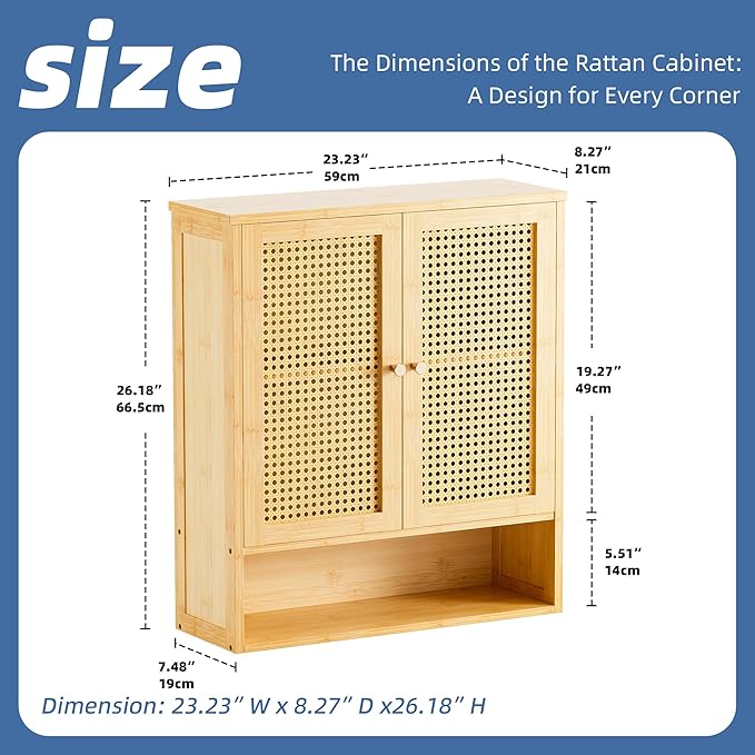 HITNET Rattan Hanging Bathroom Cabinet, Wall Mounted Bamboo Bathroom Cabinet with Double Doors and Adjustable Shelves, Storage Over The Toilet for Kitchen, Living Room, Laundry Room, Natural