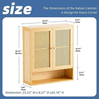 HITNET Rattan Hanging Bathroom Cabinet, Wall Mounted Bamboo Bathroom Cabinet with Double Doors and Adjustable Shelves, Storage Over The Toilet for Kitchen, Living Room, Laundry Room, Natural